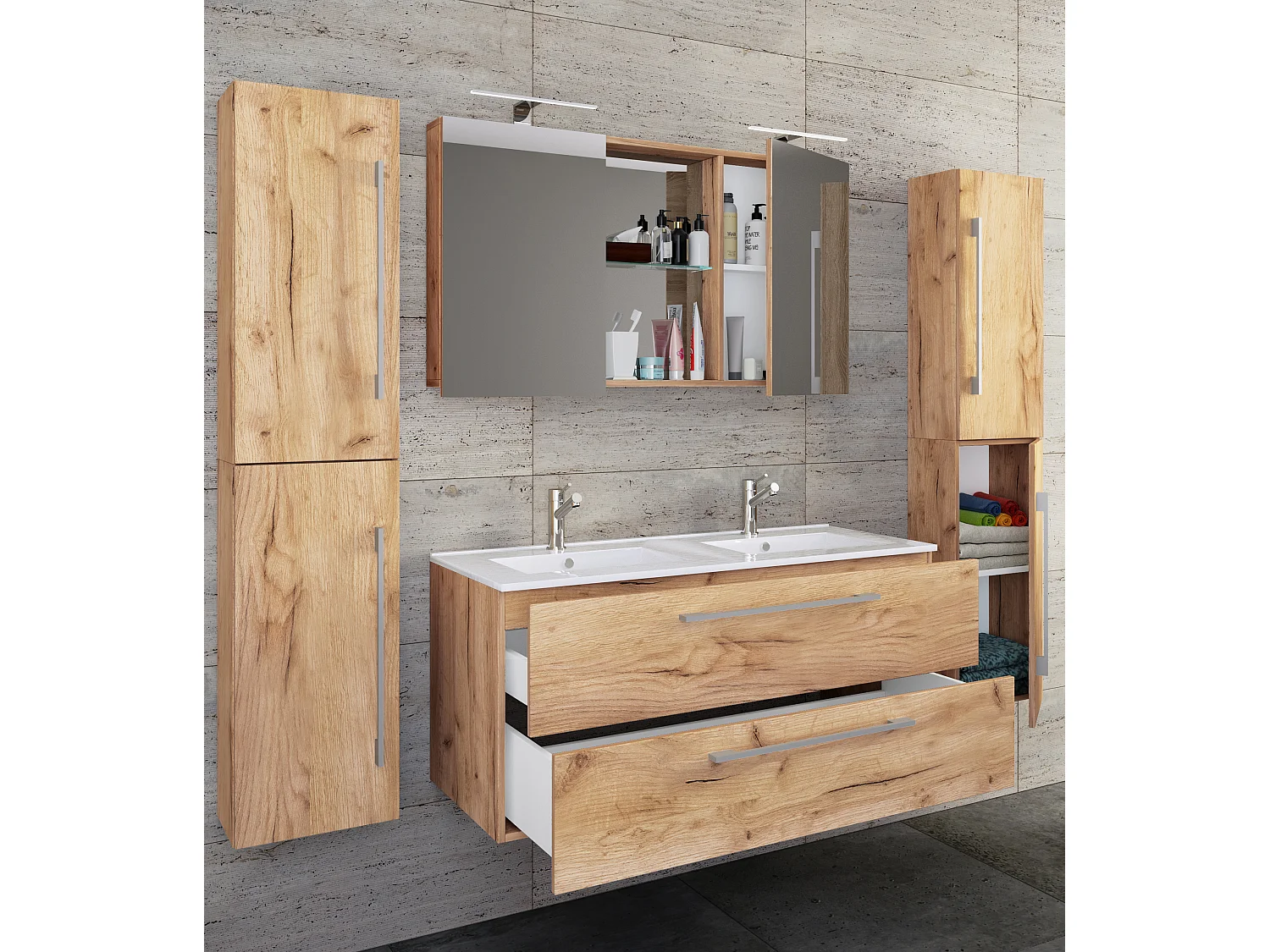 Bathroom furniture washbasin Budasi Honey oak H. 150 x W. 178 x D. 46 cm