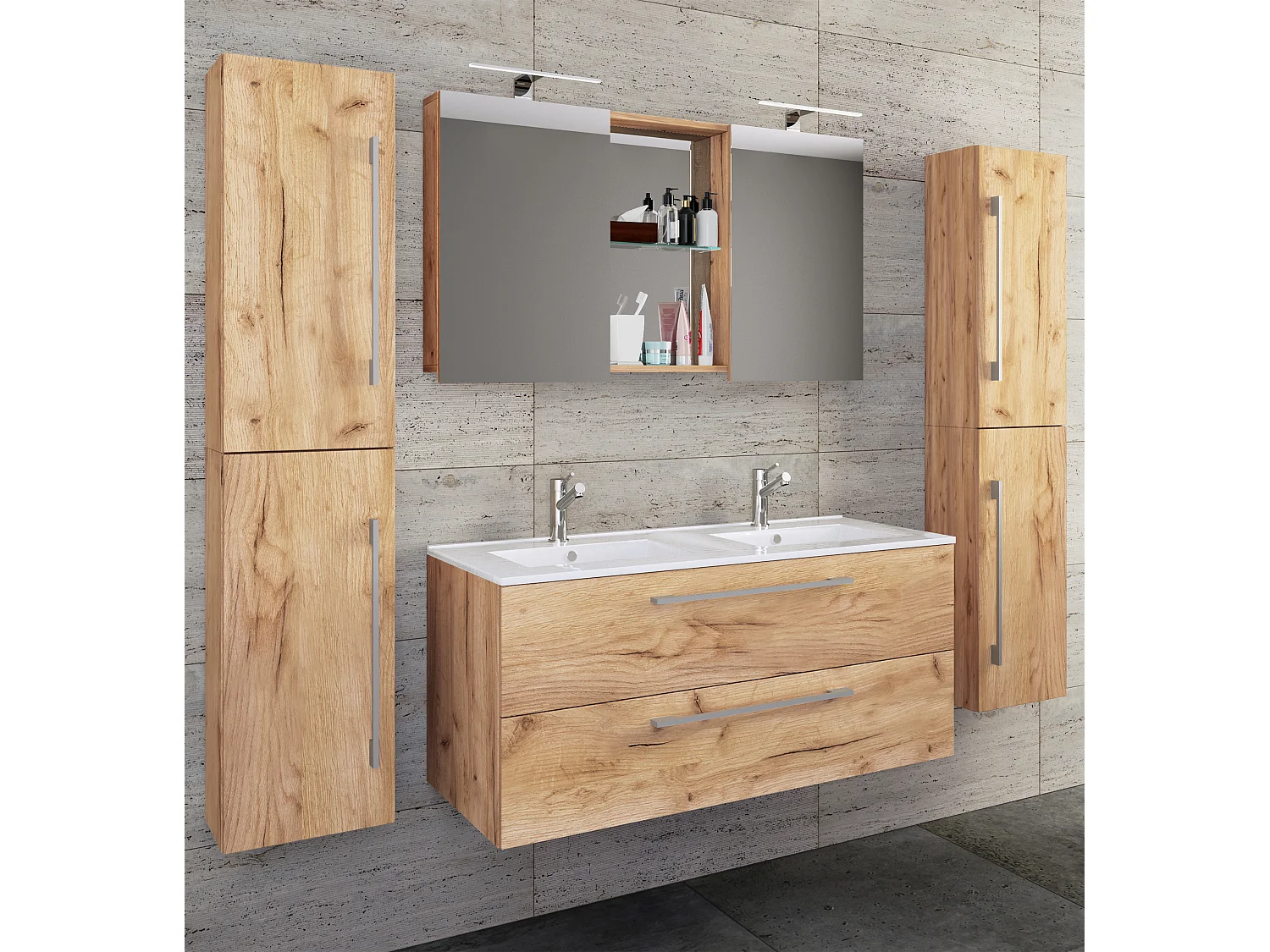 Bathroom furniture washbasin Budasi Honey oak H. 150 x W. 178 x D. 46 cm