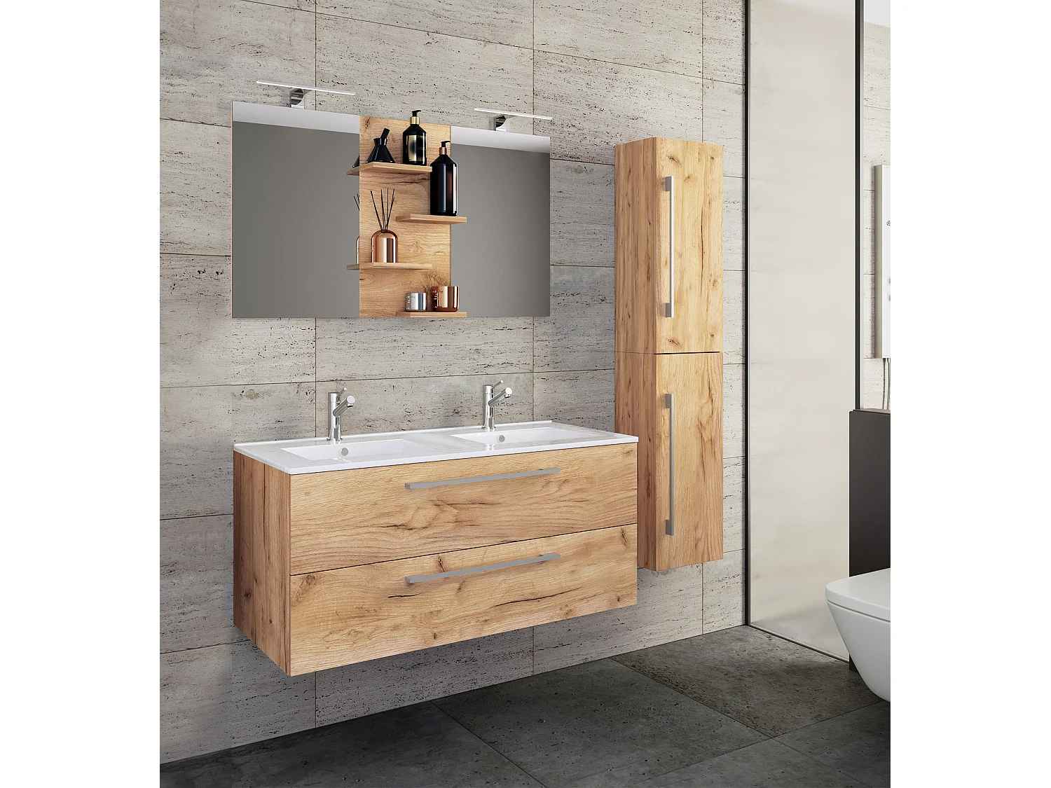 Bathroom furniture washbasin Budasi Honey oak H. 150 x W. 145 x D. 46 cm