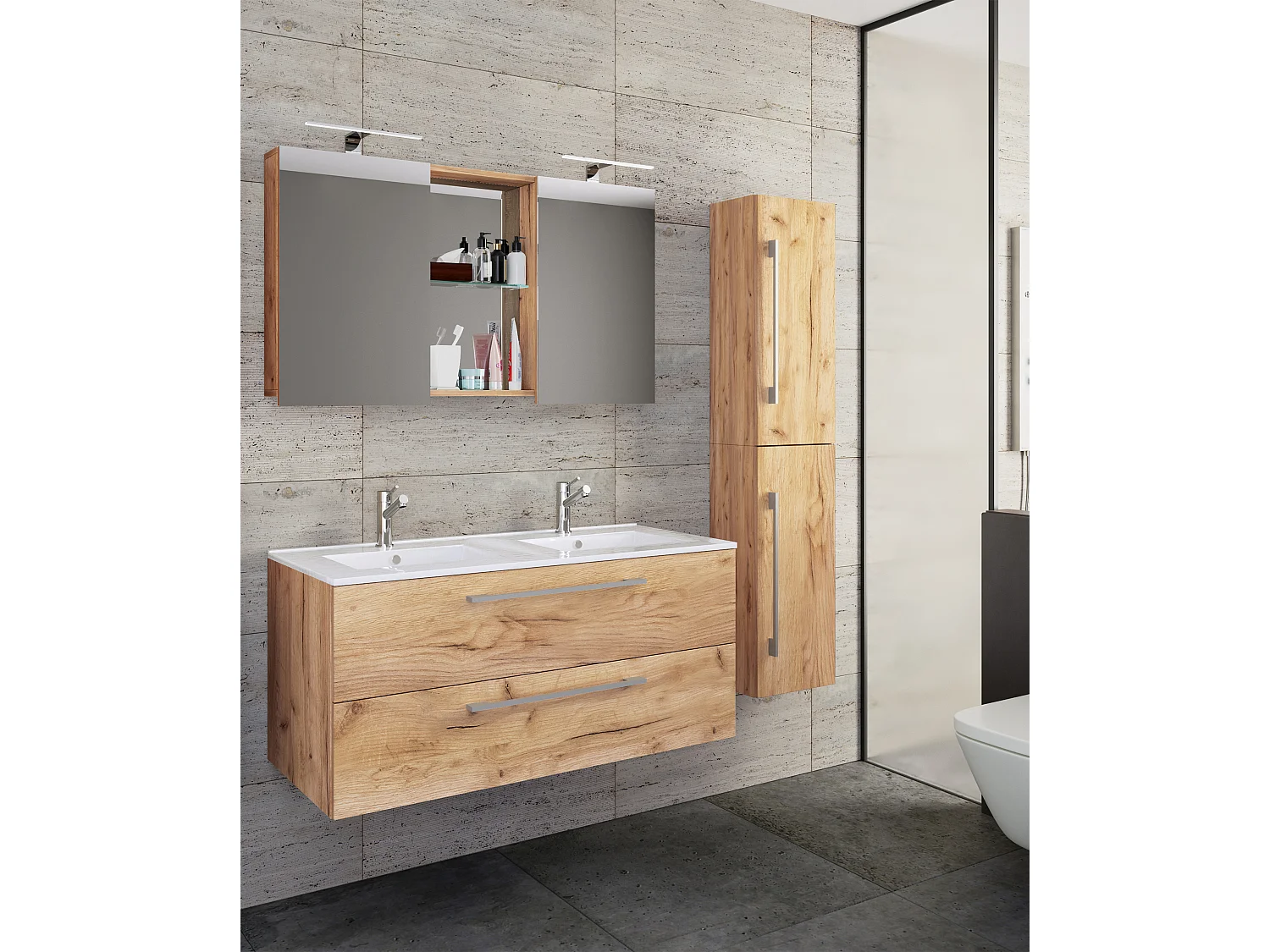 Bathroom furniture washbasin Budasi Honey oak H. 150 x W. 145 x D. 46 cm