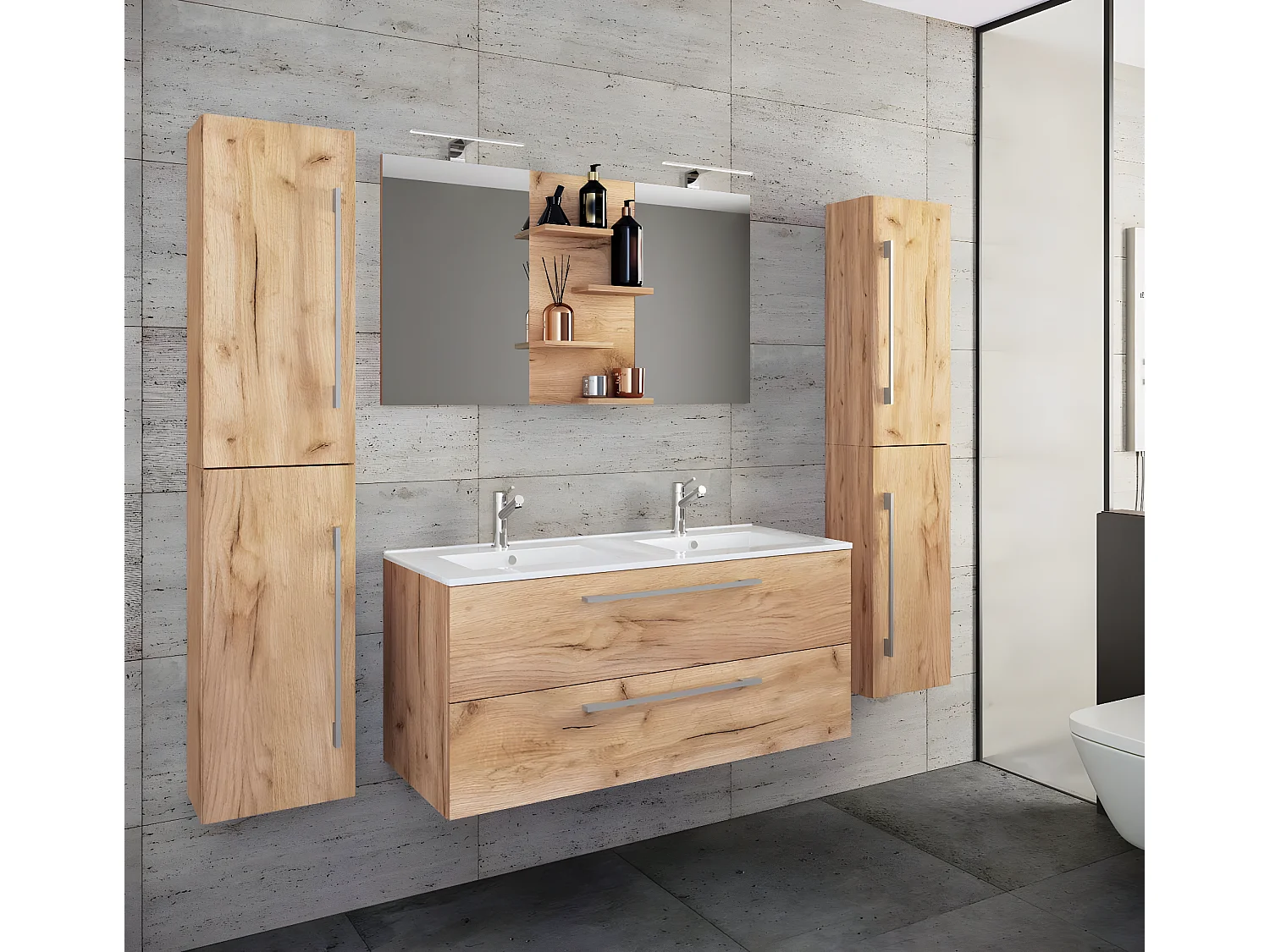 Bathroom furniture washbasin Budasi Honey oak H. 150 x W. 177 x D. 46 cm