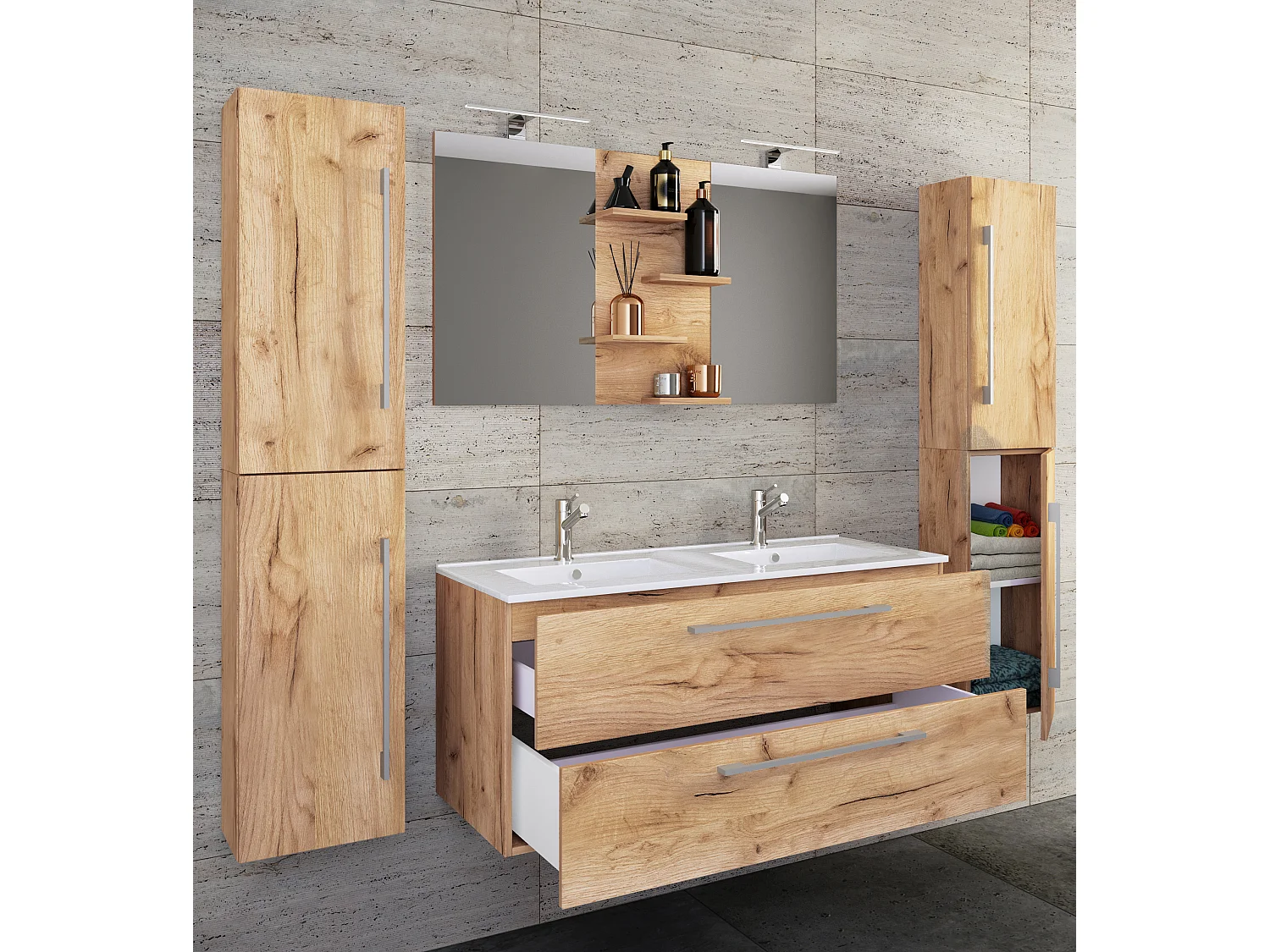 Bathroom furniture washbasin Budasi Honey oak H. 150 x W. 177 x D. 46 cm