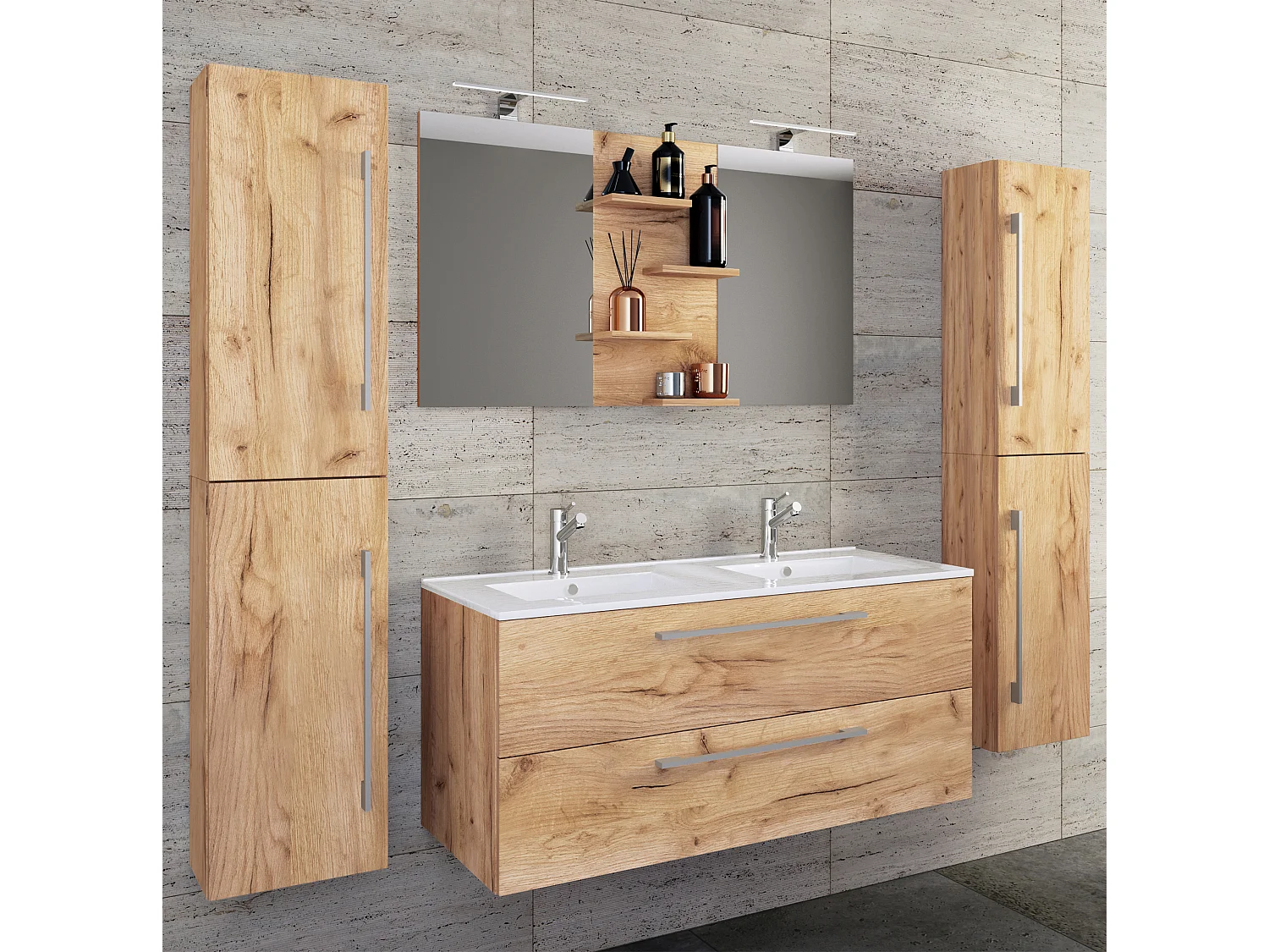 Bathroom furniture washbasin Budasi Honey oak H. 150 x W. 177 x D. 46 cm