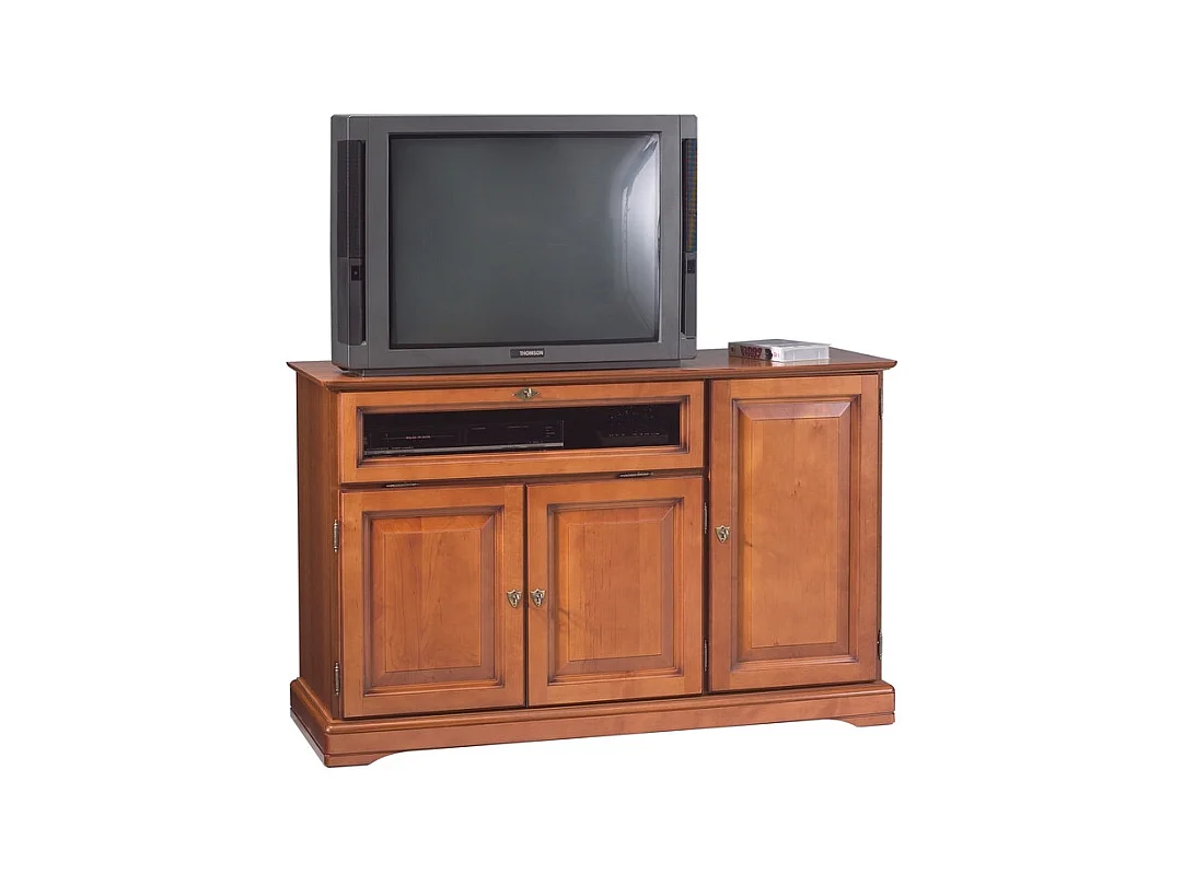 Meuble TV 55 Pouces Merisier 3 Portes 1 Abattant Vitré L 120.5 H 77 P 46.5 cm