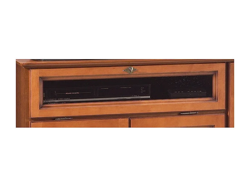Meuble TV 55 Pouces Merisier 3 Portes 1 Abattant Vitré L 120.5 H 77 P 46.5 cm