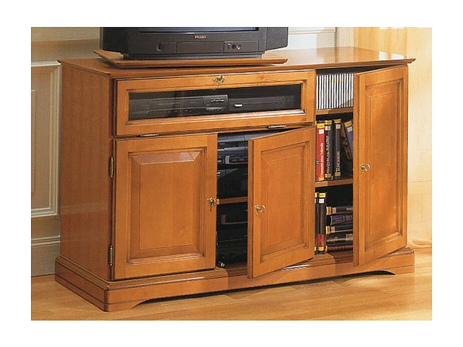 Meuble TV 55 Pouces Merisier 3 Portes 1 Abattant Vitré L 120.5 H 77 P 46.5 cm