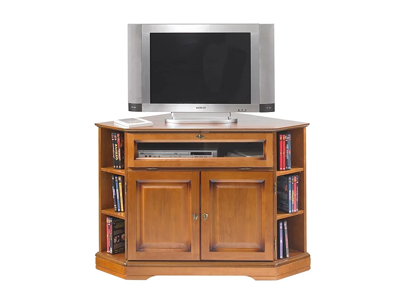 Meuble TV d'Angle 42 Pouces Merisier 9 Niches 2 Portes L 114 H 77 P 77 cm