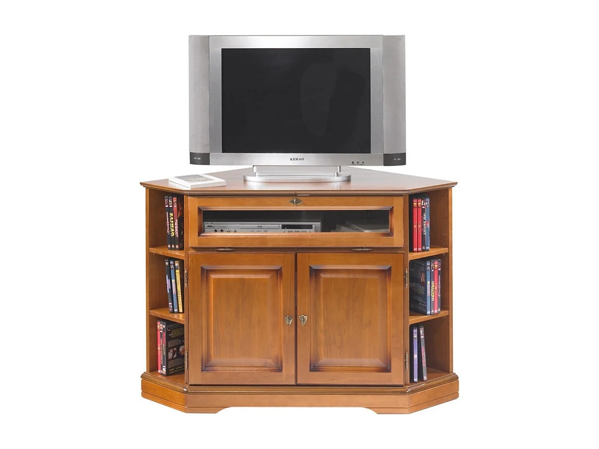 Meuble TV d'Angle 42 Pouces Merisier 9 Niches 2 Portes L 114 H 77 P 77 cm