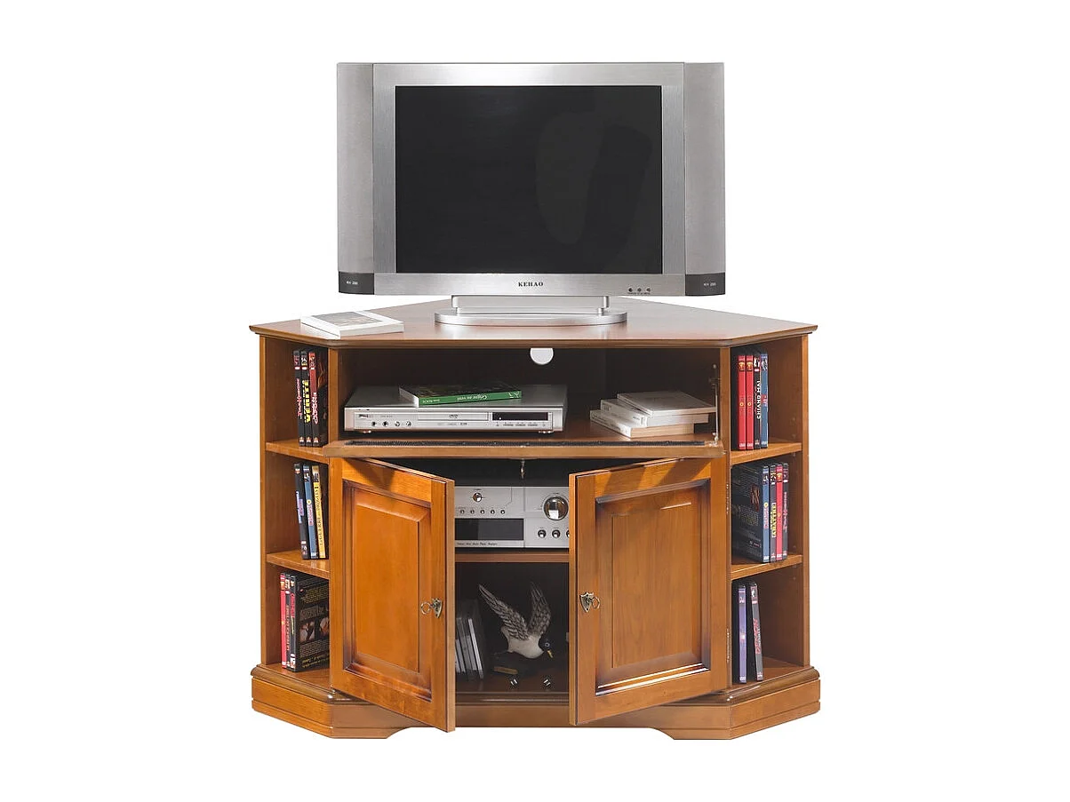 Meuble TV d'Angle 42 Pouces Merisier 9 Niches 2 Portes L 114 H 77 P 77 cm