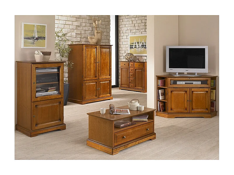 Meuble TV d'Angle 42 Pouces Merisier 9 Niches 2 Portes L 114 H 77 P 77 cm