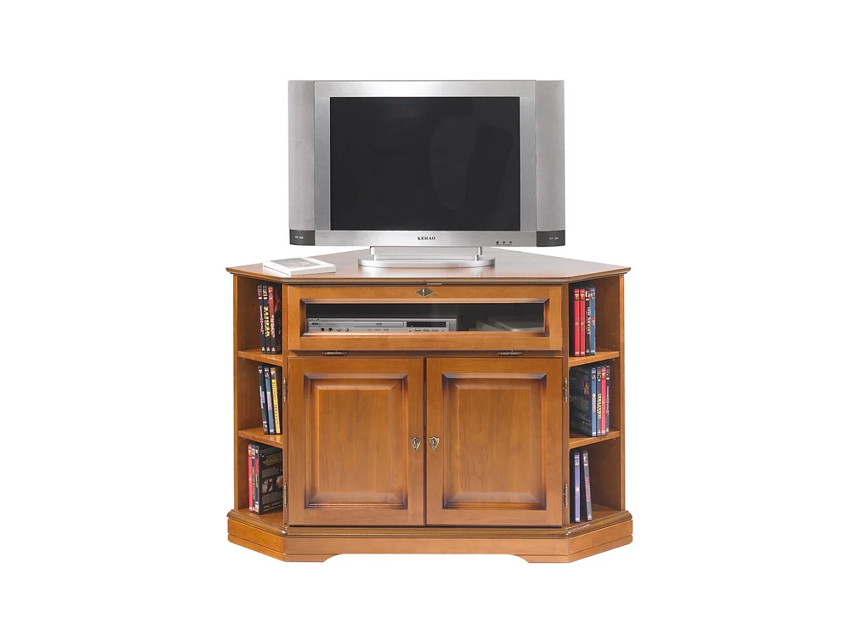 Meuble TV d'Angle 42 Pouces Merisier 9 Niches 2 Portes L 114 H 77 P 77 cm