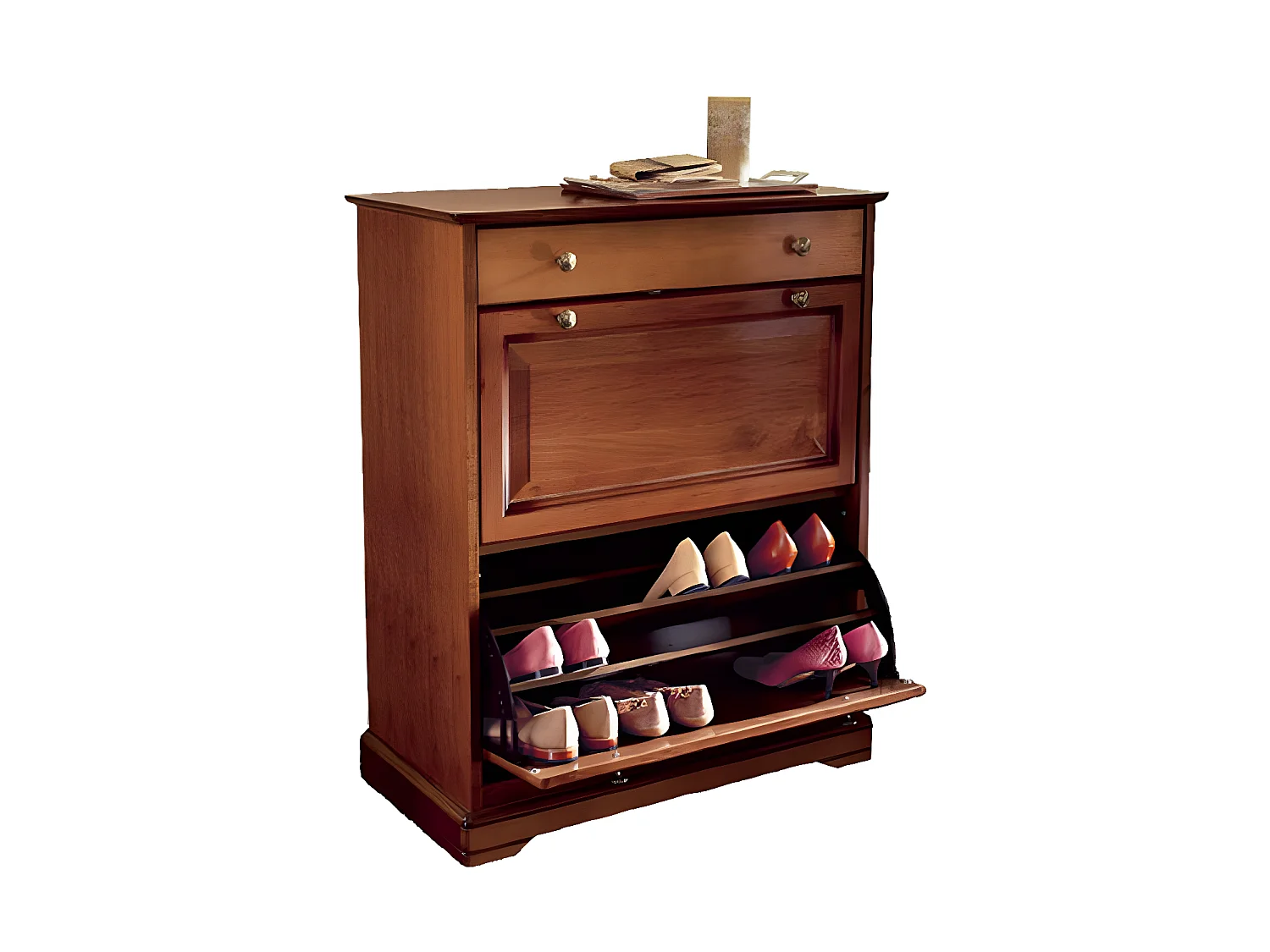 Meuble Chaussures Merisier 24 Paires 2 Abattants 1 Tiroir L 82.4 H 102.9 P 41 cm