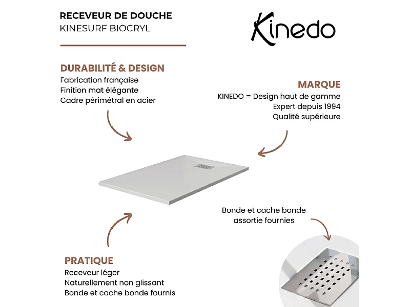 Receveur KINEDO Kinesurf biocryl 160 x 90 cm avec bonde centrée sur la largeur
