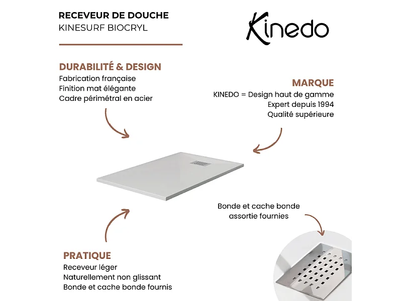 Receveur KINEDO Kinesurf biocryl 160 x 90 cm avec bonde centrée sur la largeur
