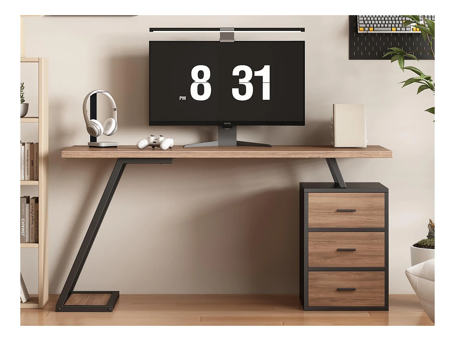 Bureau 140*60cm - style industriel - avec support hôte pour ordinateur et une armoire amovible - Marron