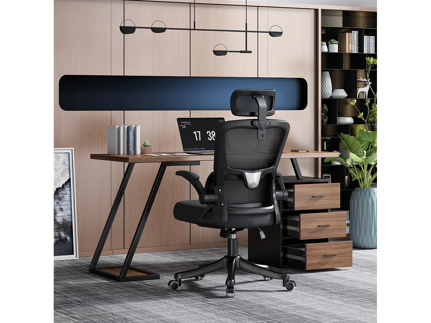 Bureau 140*60cm - style industriel - avec support hôte pour ordinateur et une armoire amovible - Marron