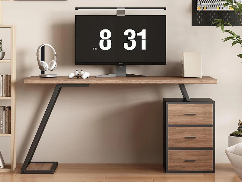 Schreibtisch 140*60 cm – Industriestil – mit Computer-Host-Unterstützung und abnehmbarem Schrank – Braun