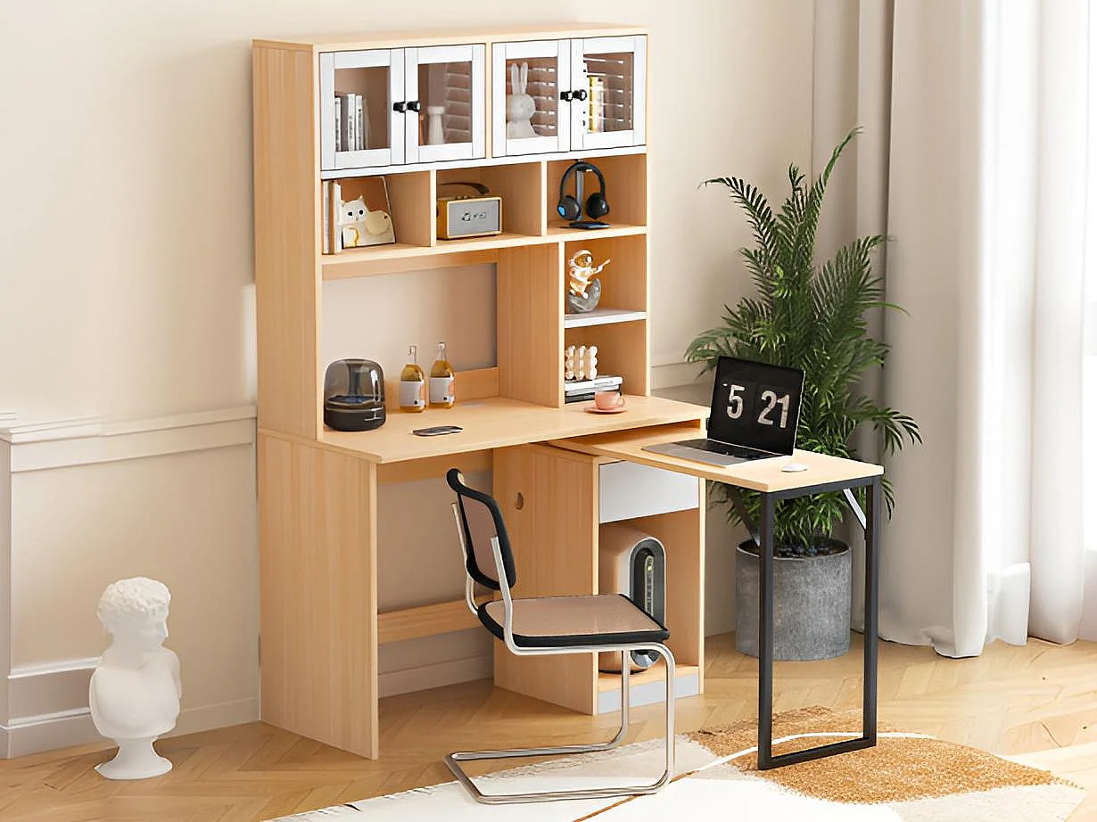 Bureau avec rangement multifonctionnel - bureau rotatif - Naturel