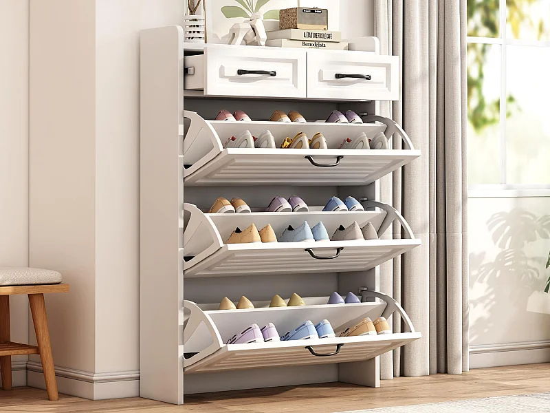 Schuhschrank aus Spanplatte – 3 Klapptüren und 2 Schubladen – Weiß