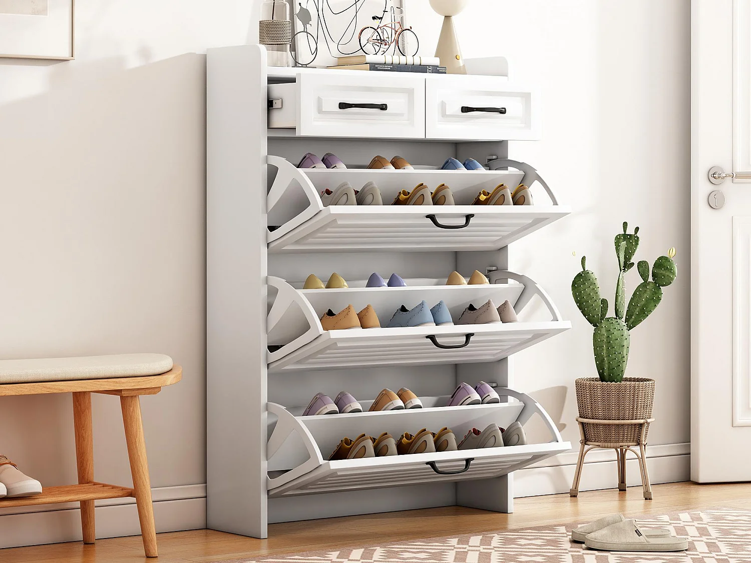 Schuhschrank aus Spanplatte – 3 Klapptüren und 2 Schubladen – Weiß