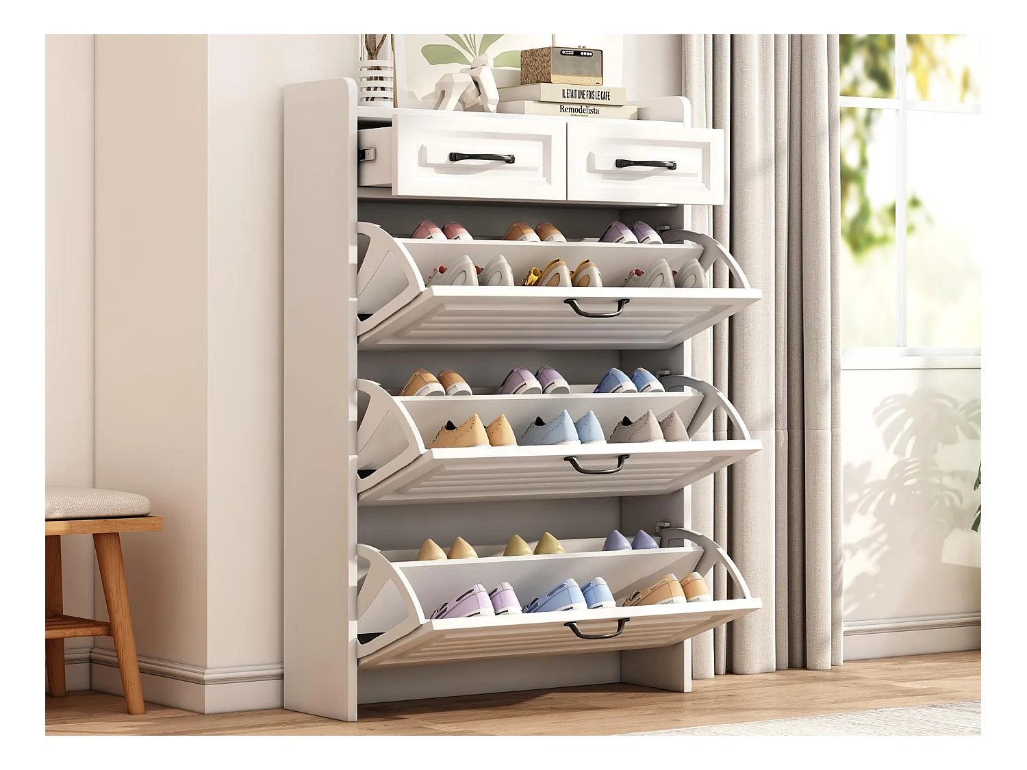 Meuble à chaussures en panneau de particule - 3 portes abattants et 2 tiroirs - Blanc