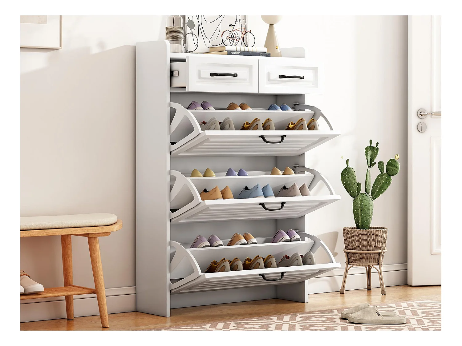 Schoenenkast in spaanplaat - 3 klepdeuren en 2 laden - Wit