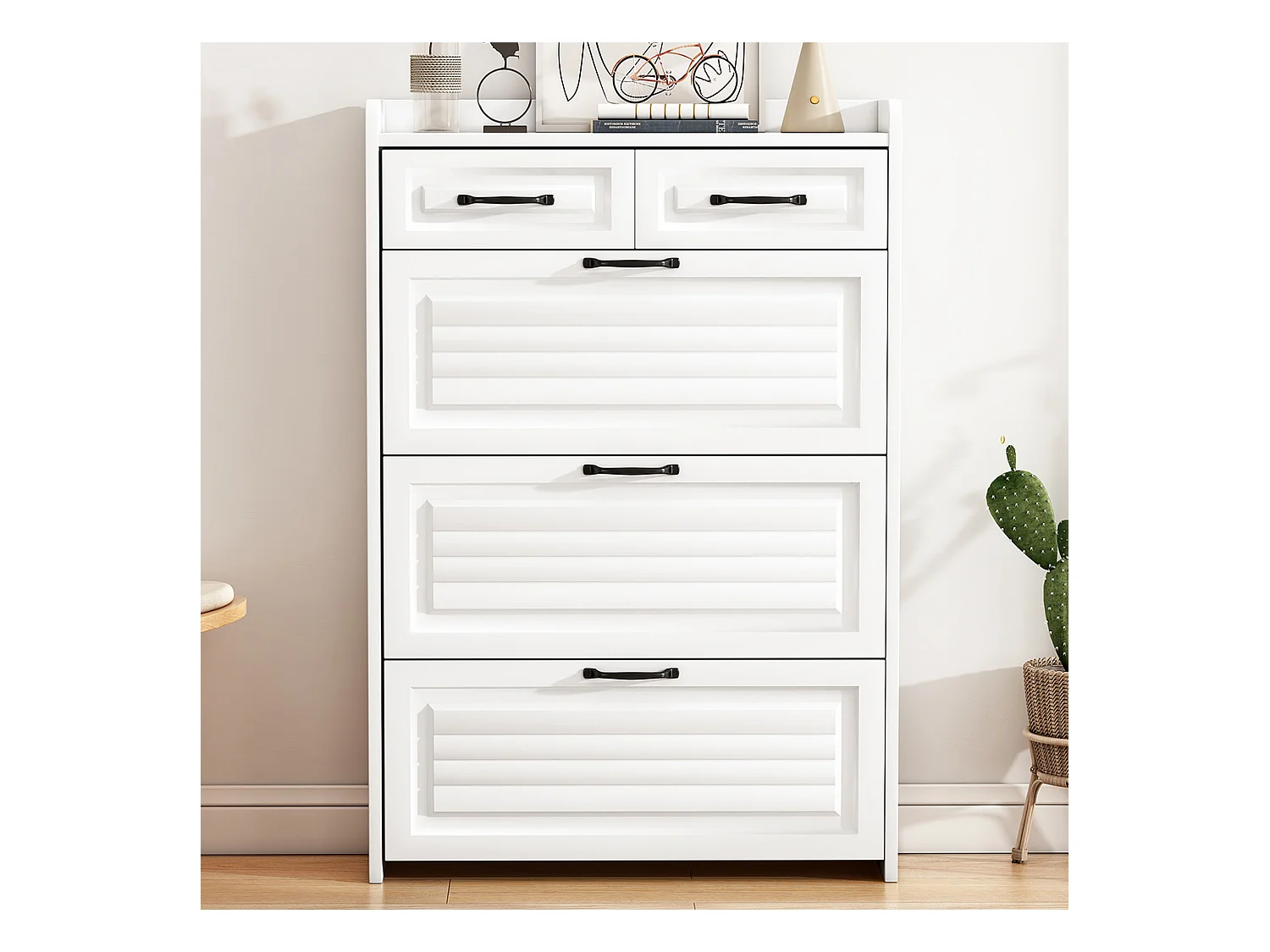 Schoenenkast in spaanplaat - 3 klepdeuren en 2 laden - Wit