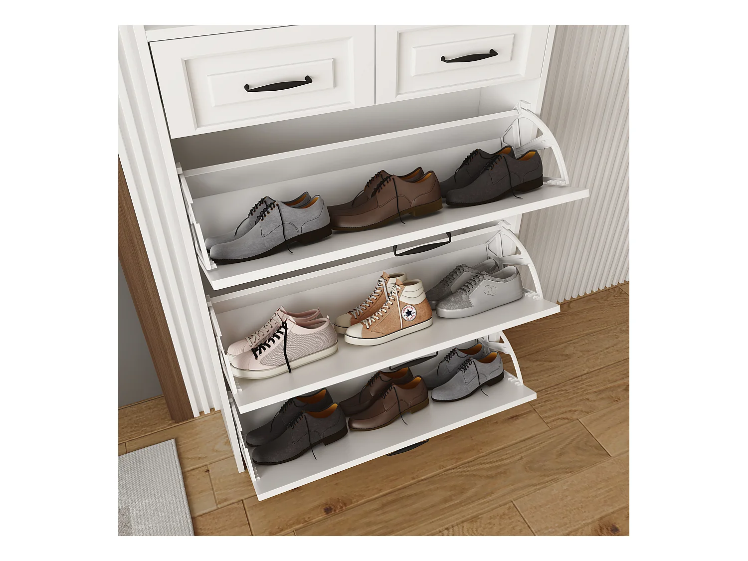 Schoenenkast in spaanplaat - 3 klepdeuren en 2 laden - Wit