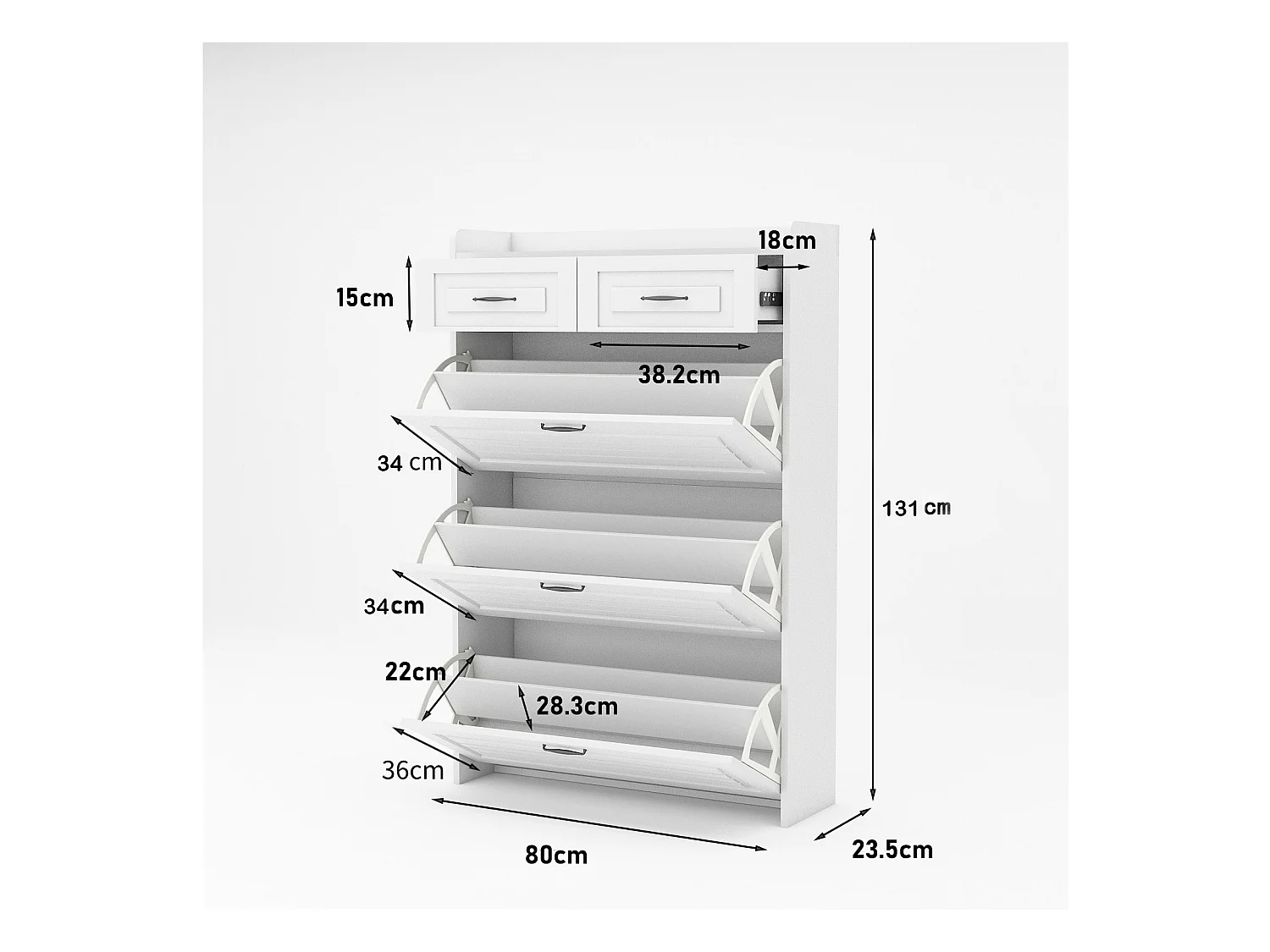 Schoenenkast in spaanplaat - 3 klepdeuren en 2 laden - Wit