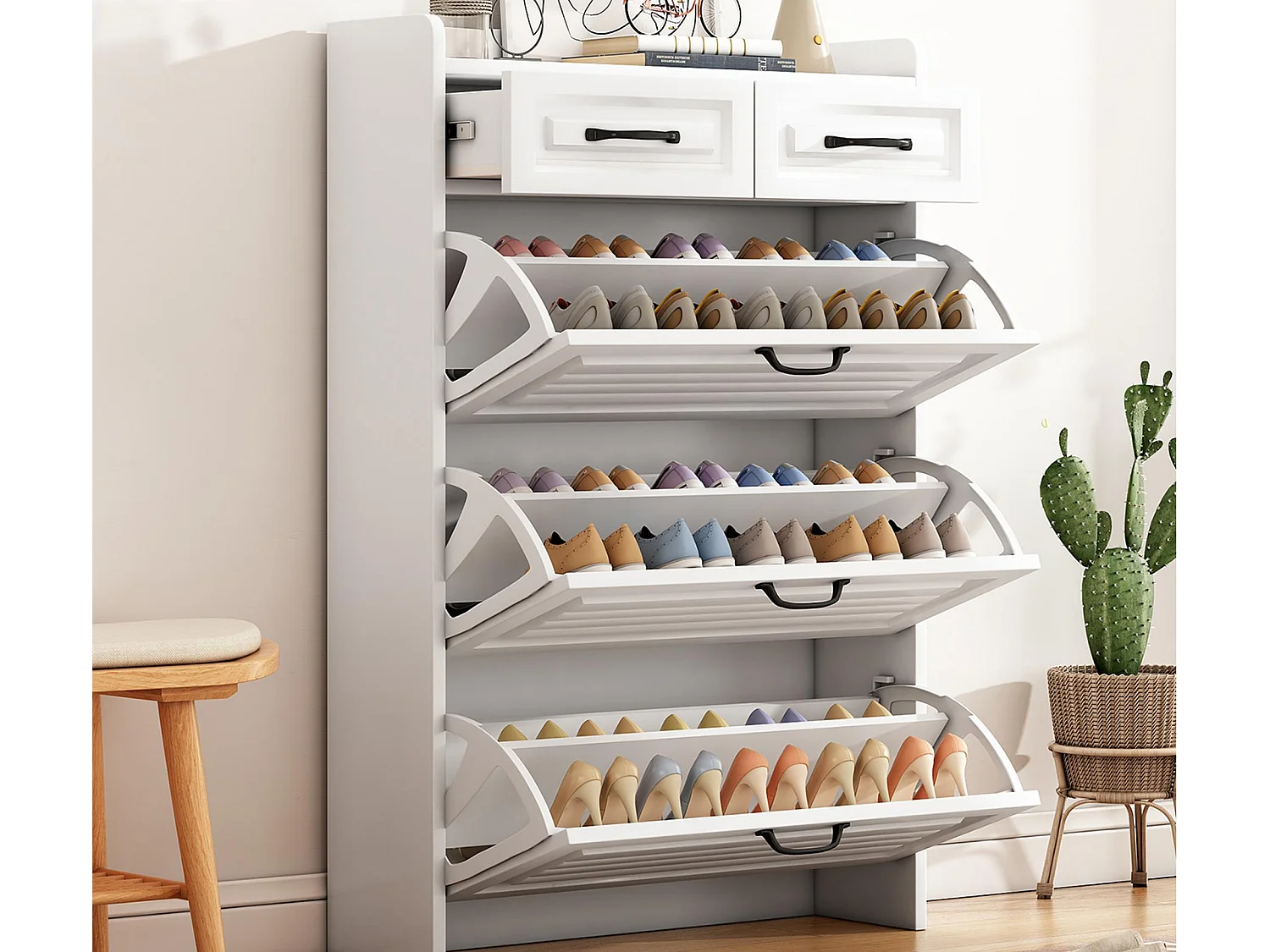 Szafka na buty z płyty wiórowej – 3 drzwi klapowe i 2 szuflady – Biała