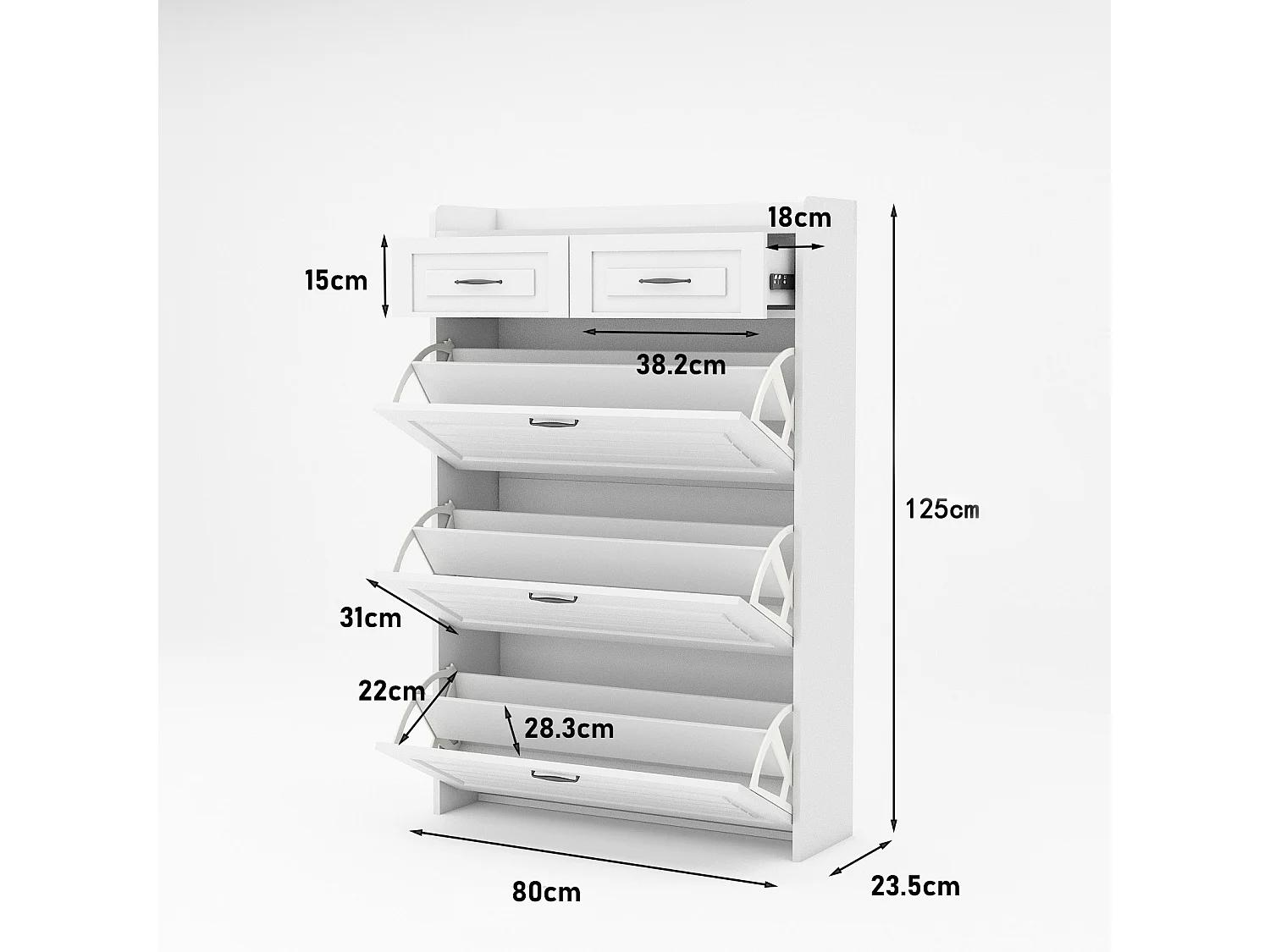 Szafka na buty z płyty wiórowej – 3 drzwi klapowe i 2 szuflady – Biała