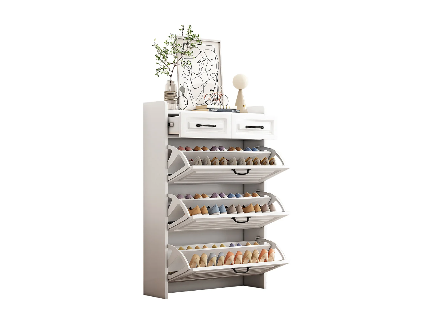 Szafka na buty z płyty wiórowej – 3 drzwi klapowe i 2 szuflady – Biała