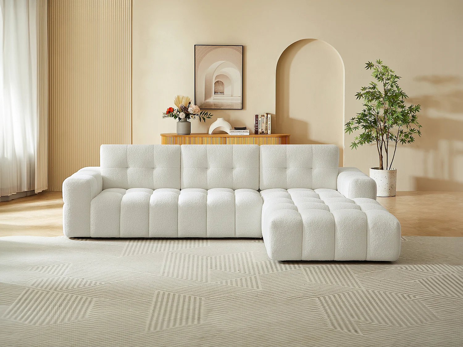 Hvid højrevendt hjørnesofagruppe i Bouclette-stof SOPELANA