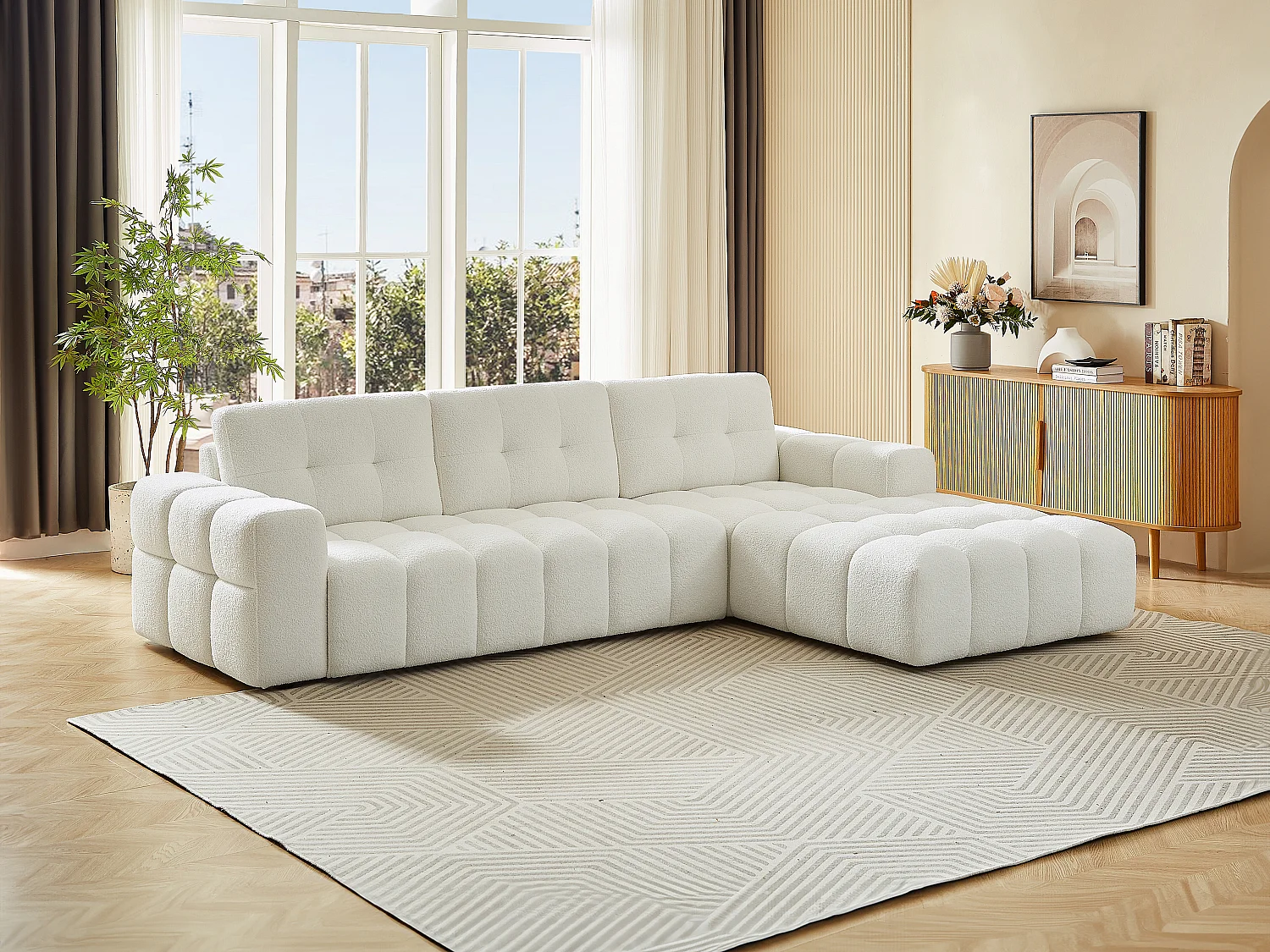 Hvid højrevendt hjørnesofagruppe i Bouclette-stof SOPELANA