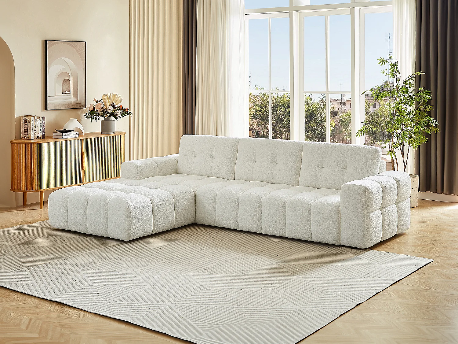 Kanapa narożna lewostronna z bukli biała – SOPELANA