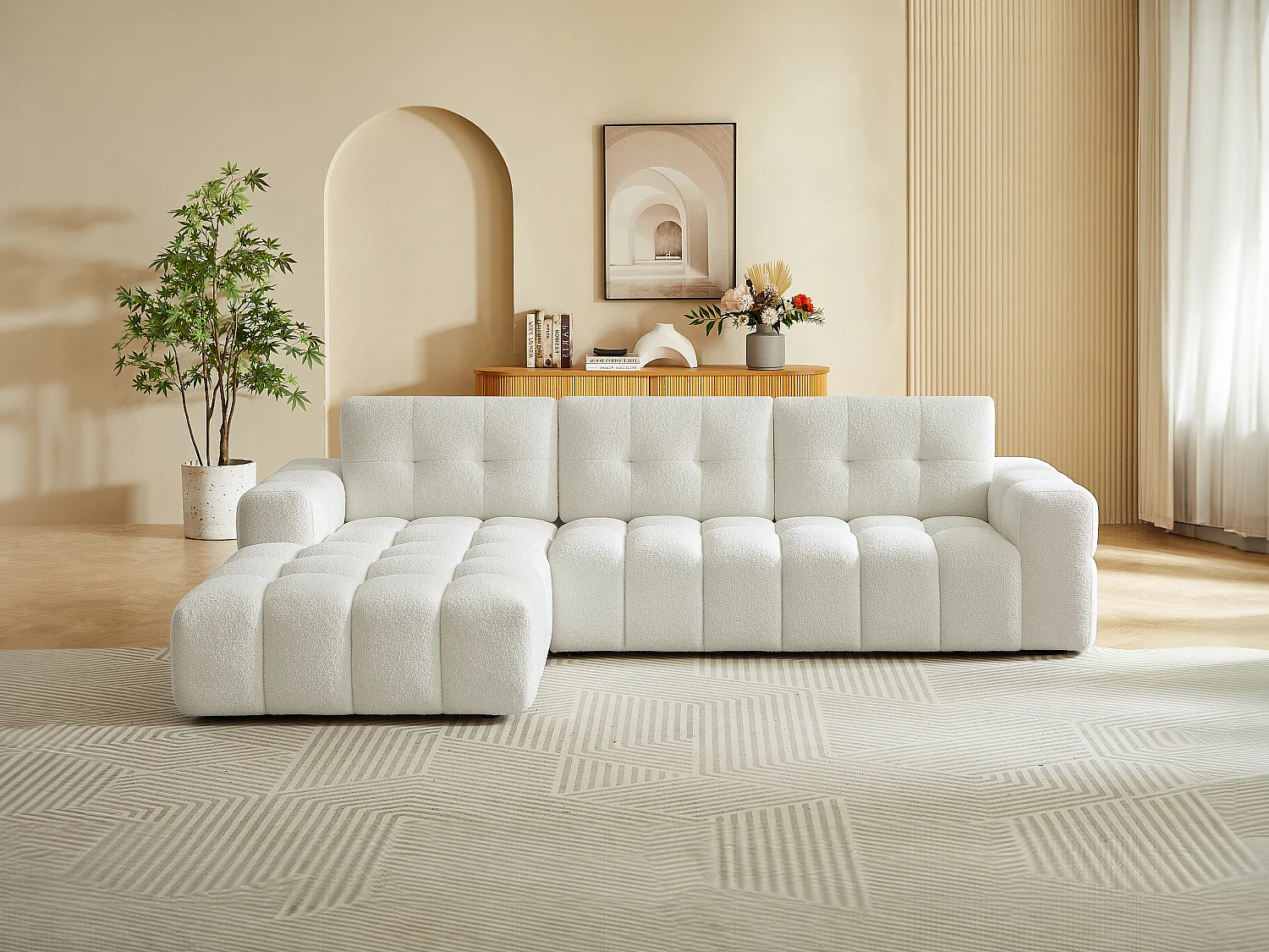 Canapé d'angle gauche en tissu bouclette blanc SOPELANA