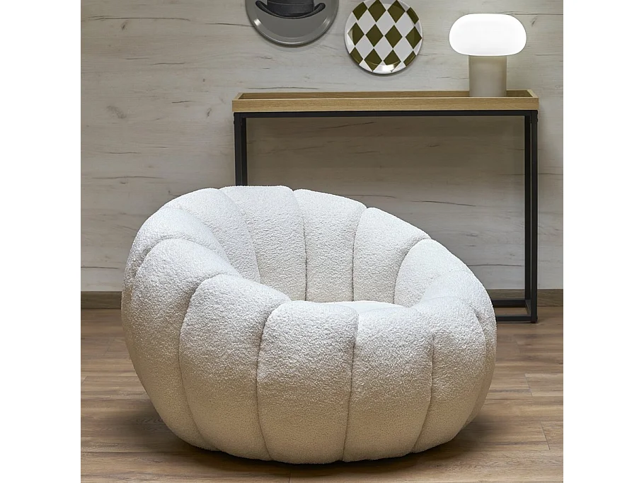 Fauteuil rond coquillage en tissu bouclette crème Alix