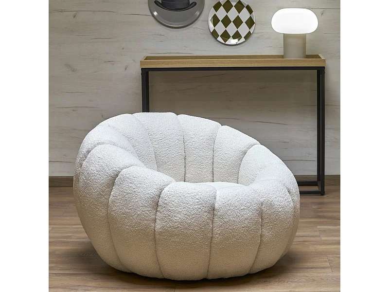 Fauteuil rond coquillage en tissu bouclette crème Alix