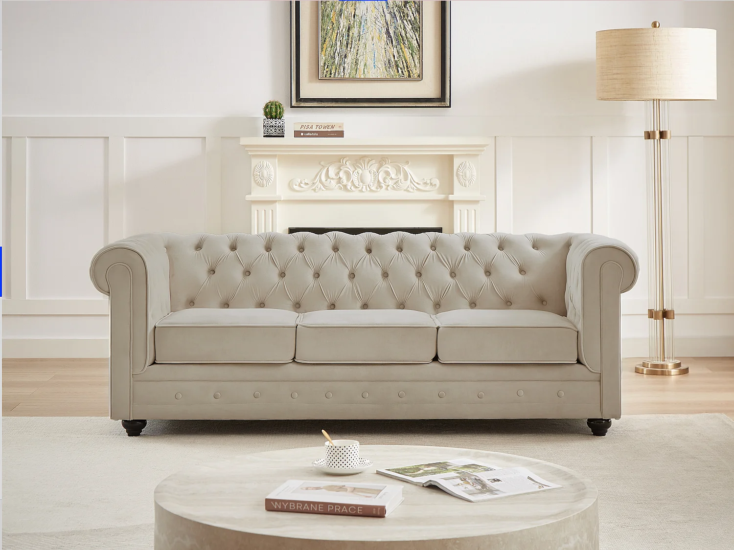 Canapé 3 places en velours beige CHESTERFIELD