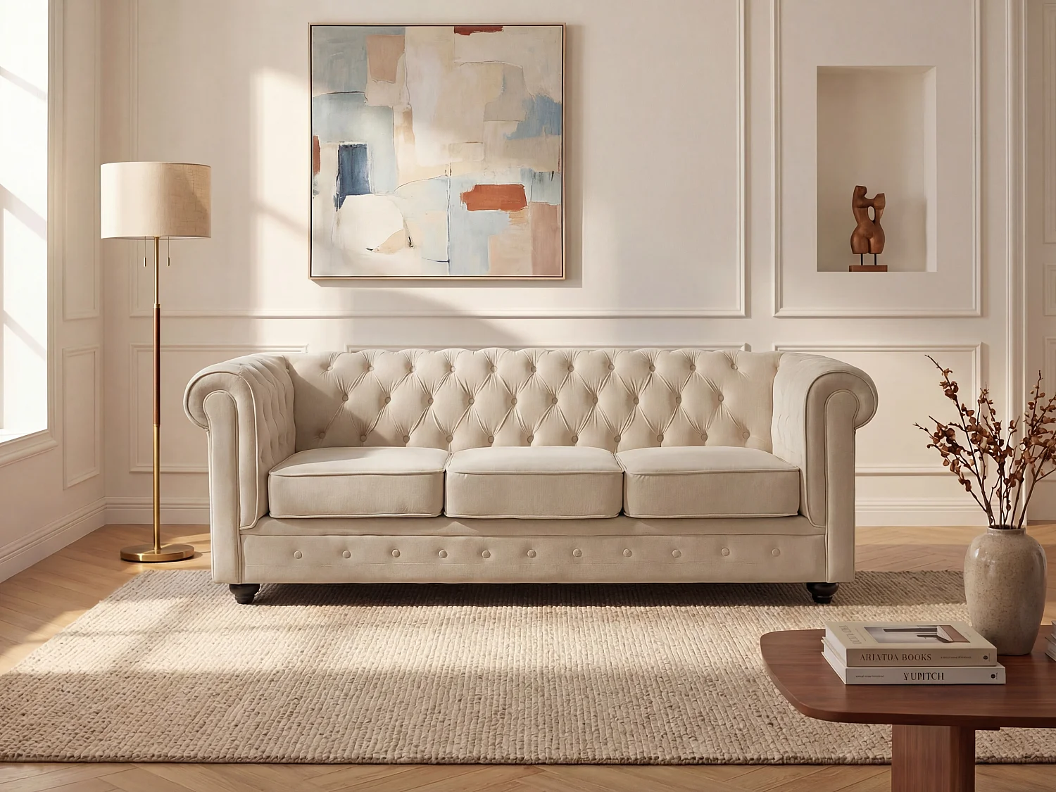 Canapé 3 places en velours beige CHESTERFIELD