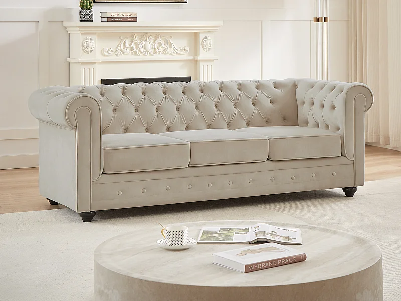 Divano 3 posti in Velluto Beige - CHESTERFIELD