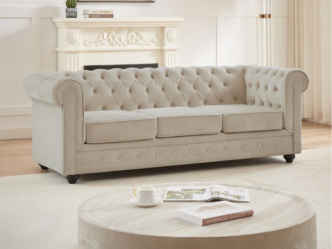Sofá 3 plazas de terciopelo beige CHESTERFIELD