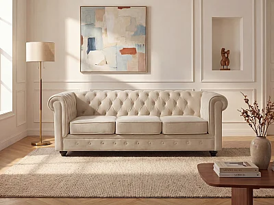 Driezitsbank van beige velours CHESTERFIELD
