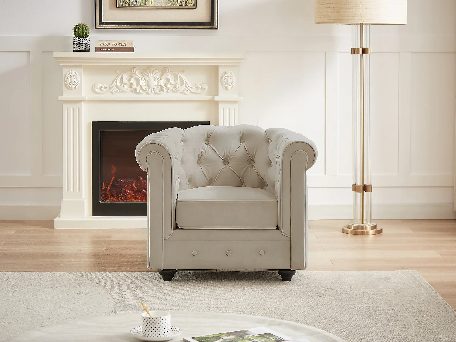 Fauteuil en velours beige CHESTERFIELD