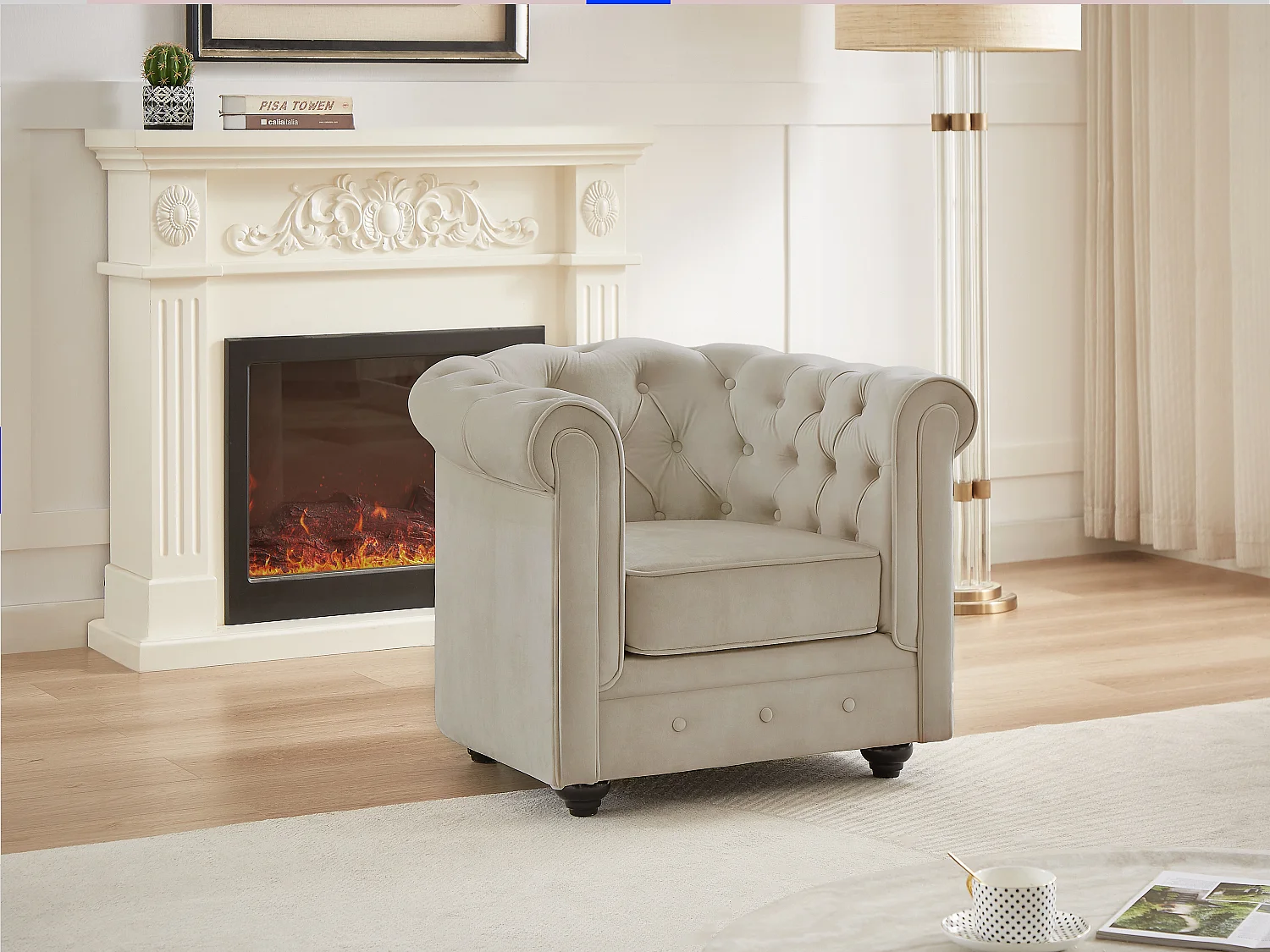 Fauteuil en velours beige CHESTERFIELD