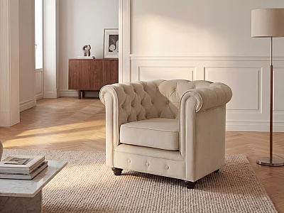 Fauteuil van beige velours CHESTERFIELD