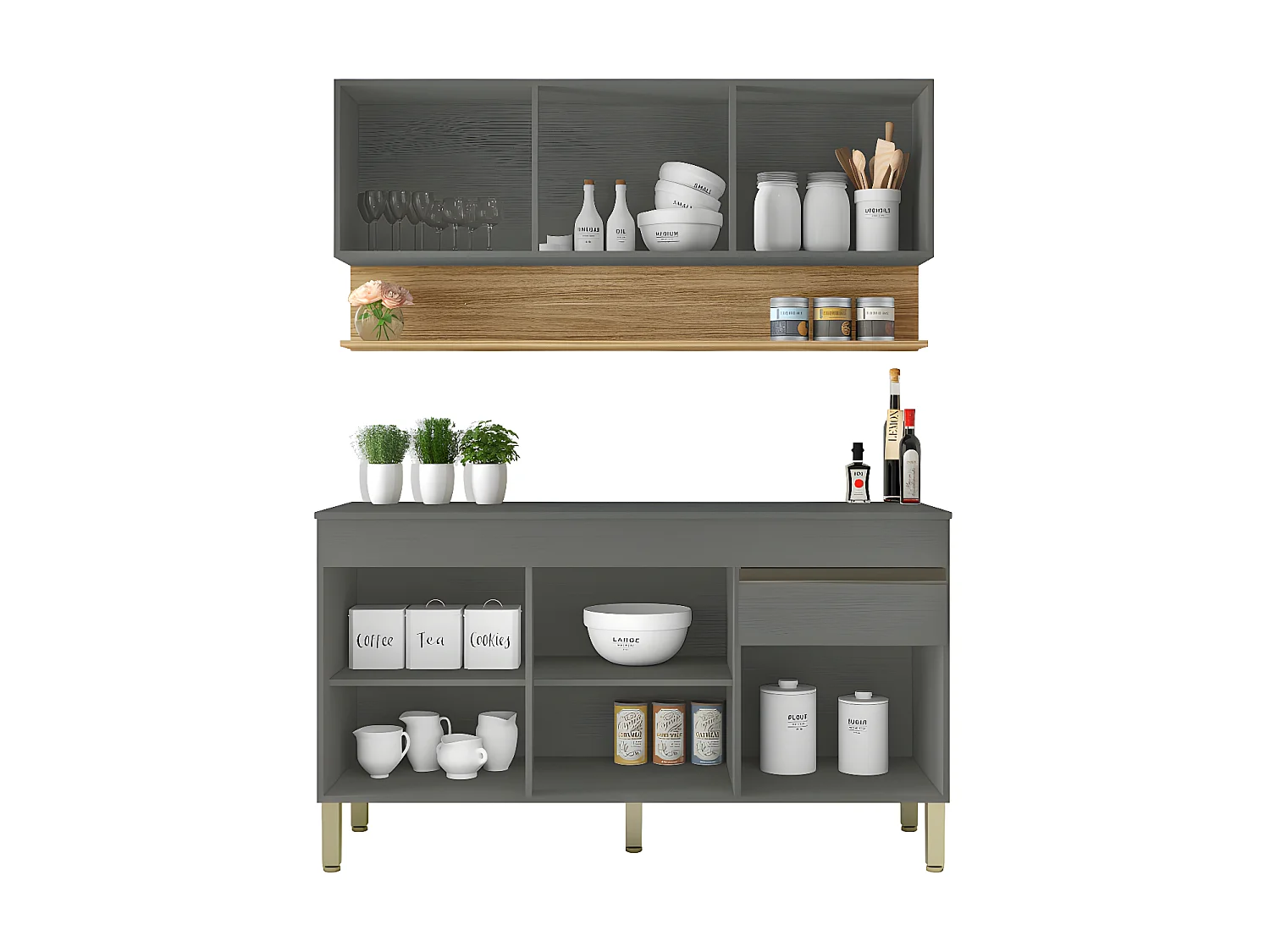 Cuisine Equipée 6 Portes 1 Tiroir Chêne et Gris L 120 H 200 P 53.3 cm