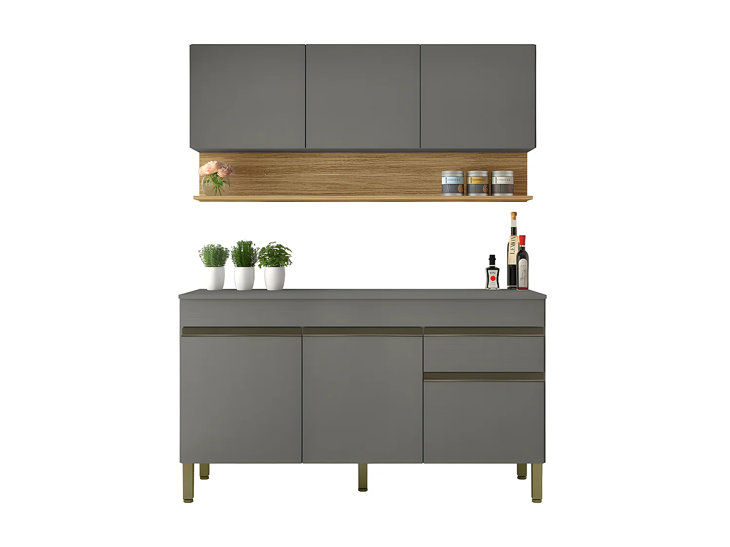 Cuisine Equipée 6 Portes 1 Tiroir Chêne et Gris L 120 H 200 P 53.3 cm