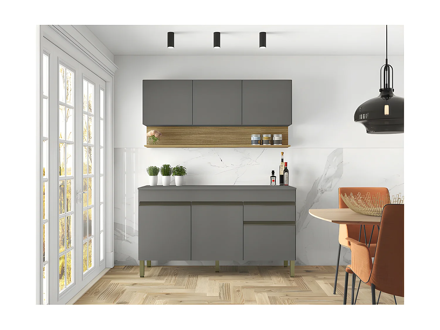 Cuisine Equipée 6 Portes 1 Tiroir Chêne et Gris L 120 H 200 P 53.3 cm