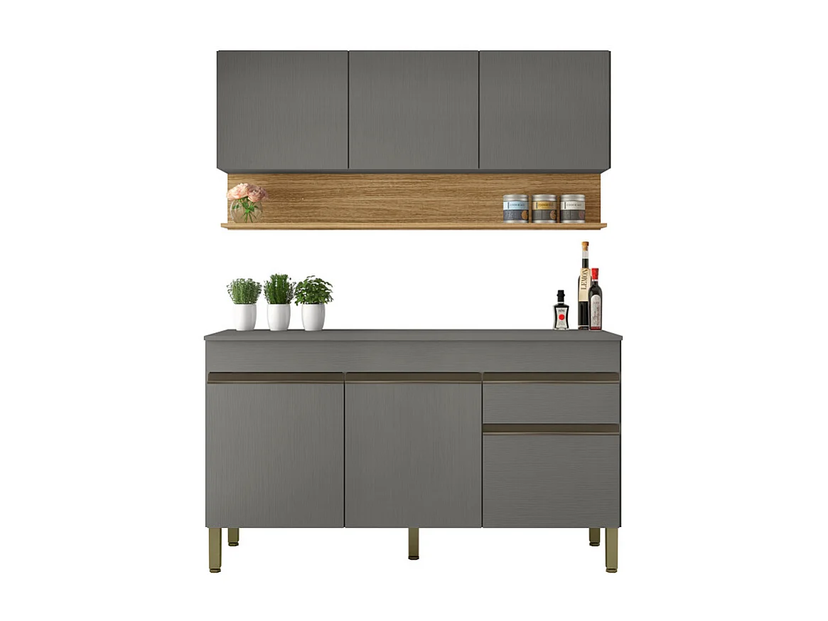 Cuisine Equipée 6 Portes 1 Tiroir Chêne et Gris L 120 H 200 P 53.3 cm